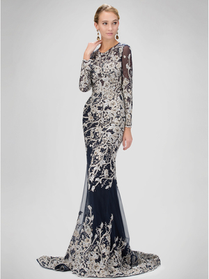 GL1307P Floral Beading Evening Dress with Court Train, Navy