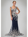 GL1308P Sleeveless Scoop Neck Evening Dress with Court Train - Navy, Front View Thumbnail