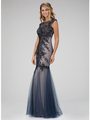 GL1309H Tulle Mermaid Prom Evening Dress with Corded Details - Navy, Front View Thumbnail