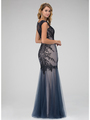 GL1309H Tulle Mermaid Prom Evening Dress with Corded Details - Navy, Back View Thumbnail