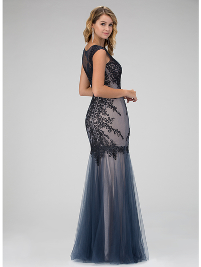 GL1309H Tulle Mermaid Prom Evening Dress with Corded Details - Navy, Back View Medium