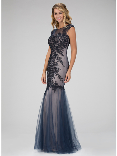 GL1309H Tulle Mermaid Prom Evening Dress with Corded Details - Navy, Front View Medium