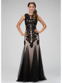 GL1310H Sleeveless Lace Overlay Prom Evening Dress with Godet Hem - Black, Front View Thumbnail