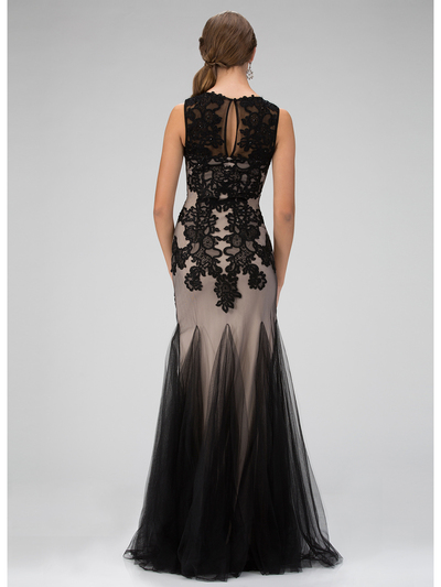 GL1310H Sleeveless Lace Overlay Prom Evening Dress with Godet Hem - Black, Back View Medium
