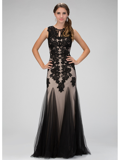GL1310H Sleeveless Lace Overlay Prom Evening Dress with Godet Hem - Black, Front View Medium