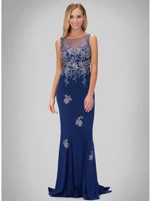 GL1314D Princess Illusion Scoop Neck Evening Dress with Train, Royal Blue