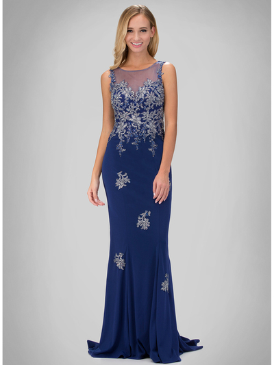 GL1314D Princess Illusion Scoop Neck Evening Dress with Train - Royal Blue, Front View Medium