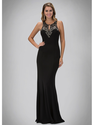 GL1315D High Neck Evening Dress with Sheer Back - Black, Front View Medium