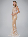 GL1317D Sheer Overlay Faux Pearl Long Prom Evening Dress - Nude, Front View Thumbnail