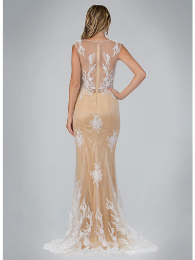 GL1317D Sheer Overlay Faux Pearl Long Prom Evening Dress - Nude, Back View Medium