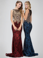 GL1319D Sleeveless Sheer Prom Evening Dress with Sequined Skirt - Red, Front View Thumbnail