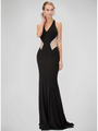 GL1320D Red Carpet V-Neck Evening Dress with Side Cutout  - Black, Front View Thumbnail