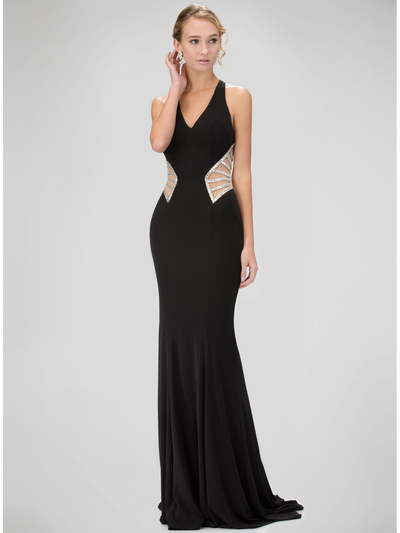 GL1320D Red Carpet V-Neck Evening Dress with Side Cutout  - Black, Front View Medium