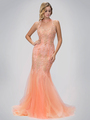 GL1321D High Neck Prom Evening Dress with Mermaid Flare - Peach, Front View Thumbnail