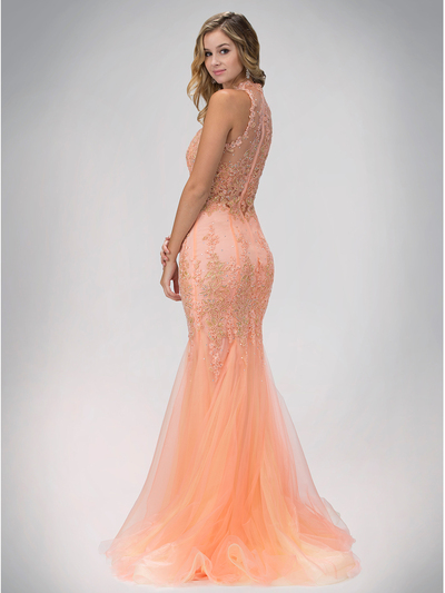 GL1321D High Neck Prom Evening Dress with Mermaid Flare - Peach, Back View Medium