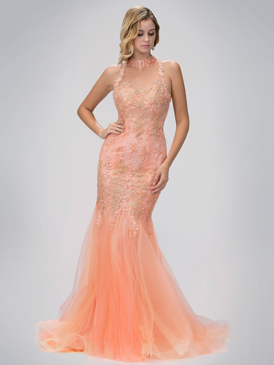 GL1321D High Neck Prom Evening Dress with Mermaid Flare - Peach, Front View Medium