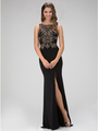 GL1322X Sleeveless Embellished Top Evening Dress with Slit - Black, Front View Thumbnail