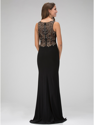 GL1322X Sleeveless Embellished Top Evening Dress with Slit - Black, Back View Medium