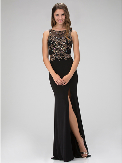 GL1322X Sleeveless Embellished Top Evening Dress with Slit - Black, Front View Medium
