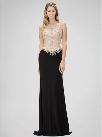 GL1323X Sleeveless Embroidered Bodice Evening Dress  - Black, Front View Medium