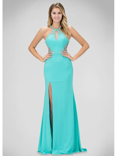GL1324X Halter Top Prom Evening Dress with Slit - Baby Blue, Front View Medium