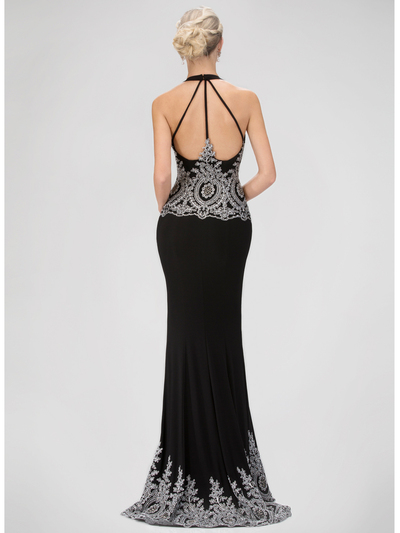 GL1325X Red Carpet Inspired Halter Top Prom Evening Dress with Train - Black, Back View Medium