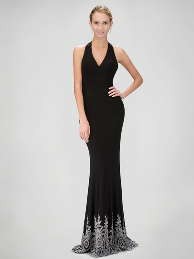 GL1325X Red Carpet Inspired Halter Top Prom Evening Dress with Train - Black, Front View Medium