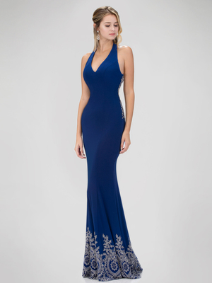 GL1325X Red Carpet Inspired Halter Top Prom Evening Dress with Train, Blue