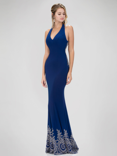 GL1325X Red Carpet Inspired Halter Top Prom Evening Dress with Train - Blue, Front View Medium