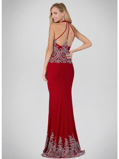 GL1325X Red Carpet Inspired Halter Top Prom Evening Dress with Train - Red, Back View Medium