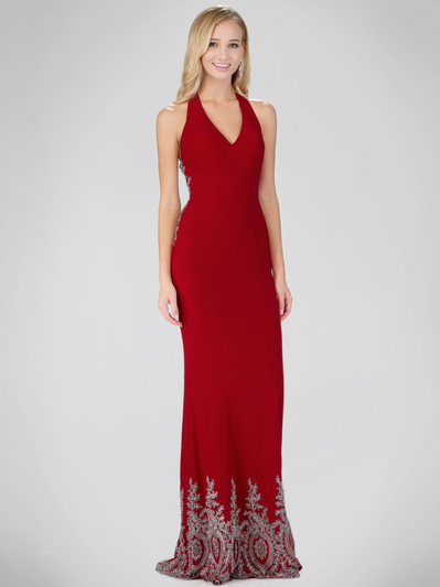 GL1325X Red Carpet Inspired Halter Top Prom Evening Dress with Train - Red, Front View Medium