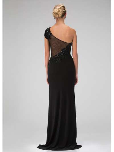 GL1326X One Shoulder Evening Dress with Sheer Back - Black, Back View Medium
