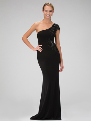 GL1326X One Shoulder Evening Dress with Sheer Back, Black