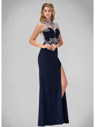 GL1327X Sleeveless High Neck Jeweled Prom Evening Dress with Slit - Navy, Front View Medium