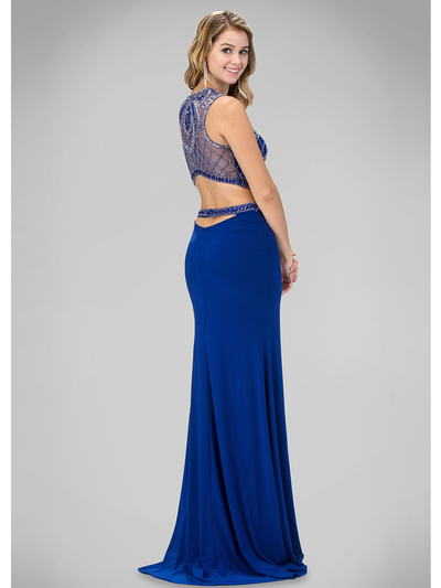 GL1328X Beaded Bodice Prom Evening Dress with Side Cutout - Royal Blue, Back View Medium