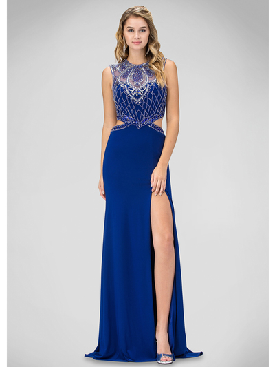 GL1328X Beaded Bodice Prom Evening Dress with Side Cutout - Royal Blue, Front View Medium