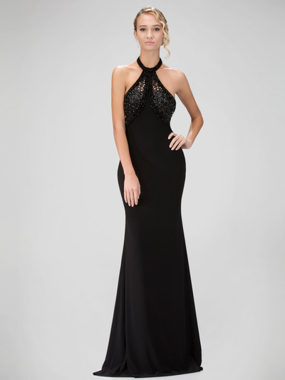 GL1330X Thin Strapped Halter Top Prom Evening Dress - Black, Front View Medium