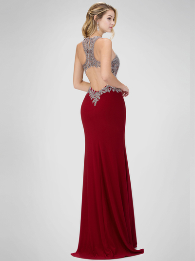 GL1331X Illusion Embellished Bodice Prom Evening Dress with Cutout Back - Burgundy, Back View Medium