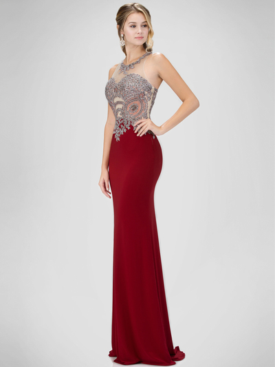 GL1331X Illusion Embellished Bodice Prom Evening Dress with Cutout Back - Burgundy, Front View Medium