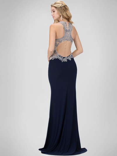 GL1331X Illusion Embellished Bodice Prom Evening Dress with Cutout Back - Navy, Back View Medium