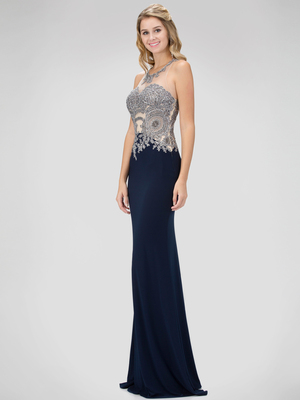 GL1331X Illusion Embellished Bodice Prom Evening Dress with Cutout Back, Navy