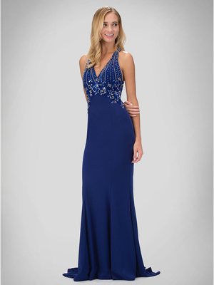 GL1337D Halter Beaded Top Prom Evening Dress, Royal Blue