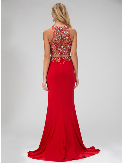 GL1338D Mock Two Piece Embellished Prom Dress with Train - Red, Back View Medium