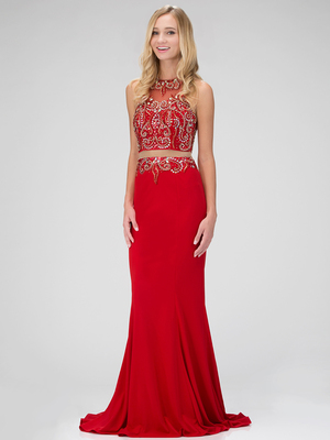 GL1338D Mock Two Piece Embellished Prom Dress with Train, Red