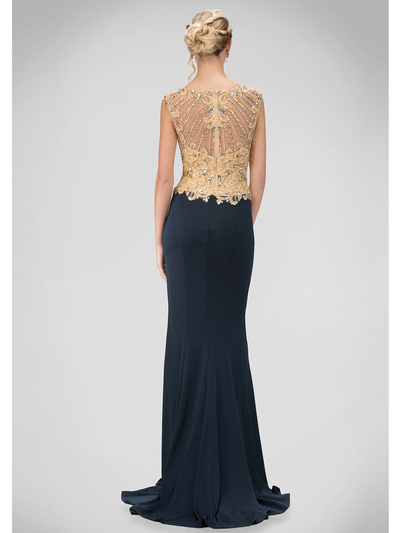 GL1340D Two Toned Sleeveless Floor Length Evening Dress with Train - Navy, Back View Medium