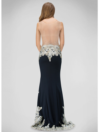 GL1342D Sleeveless Prom Evening Dress with Sheer Back - Navy, Back View Medium