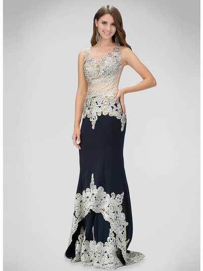 GL1342D Sleeveless Prom Evening Dress with Sheer Back - Navy, Front View Medium