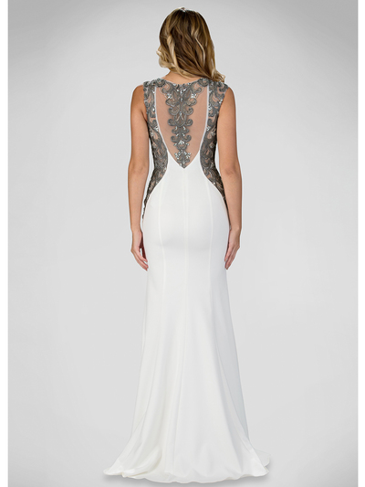 GL1347P Form Fitted Evening Dress with Sheer Back - Ivory, Back View Medium