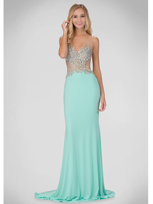 GL1349P Illusion Bodice Evening Dress with Sparkle Design, Mint