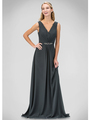 GL1389T V-neck Evening Dress with Jeweled Belt - Charcoal, Front View Thumbnail